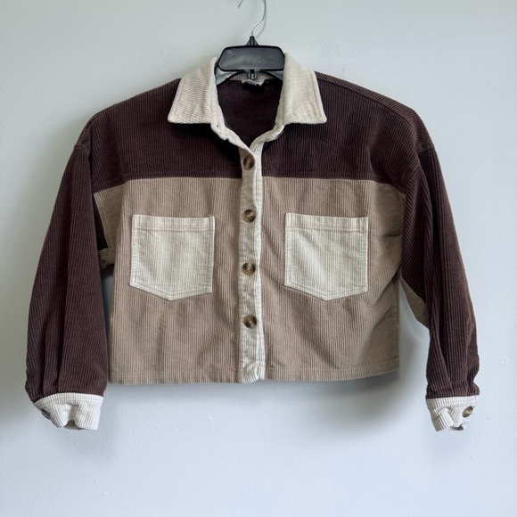 BiBi Corduroy Colorblock Shacket Cropped Brown Tan Neutral Boho Small - Picture 2 of 7